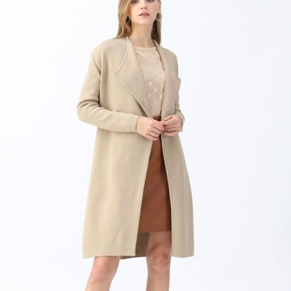 Chic Wish Classy Open‎ Front Knit Coat Pockets Light Tan Women XL-XXL